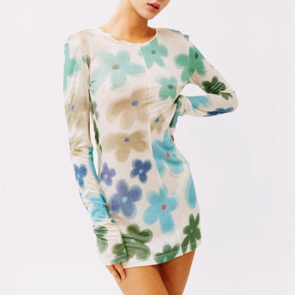 With Jean Kenny Dress Cool Tone Floral Long Sleeve Mini Dress - Picture 1 of 2